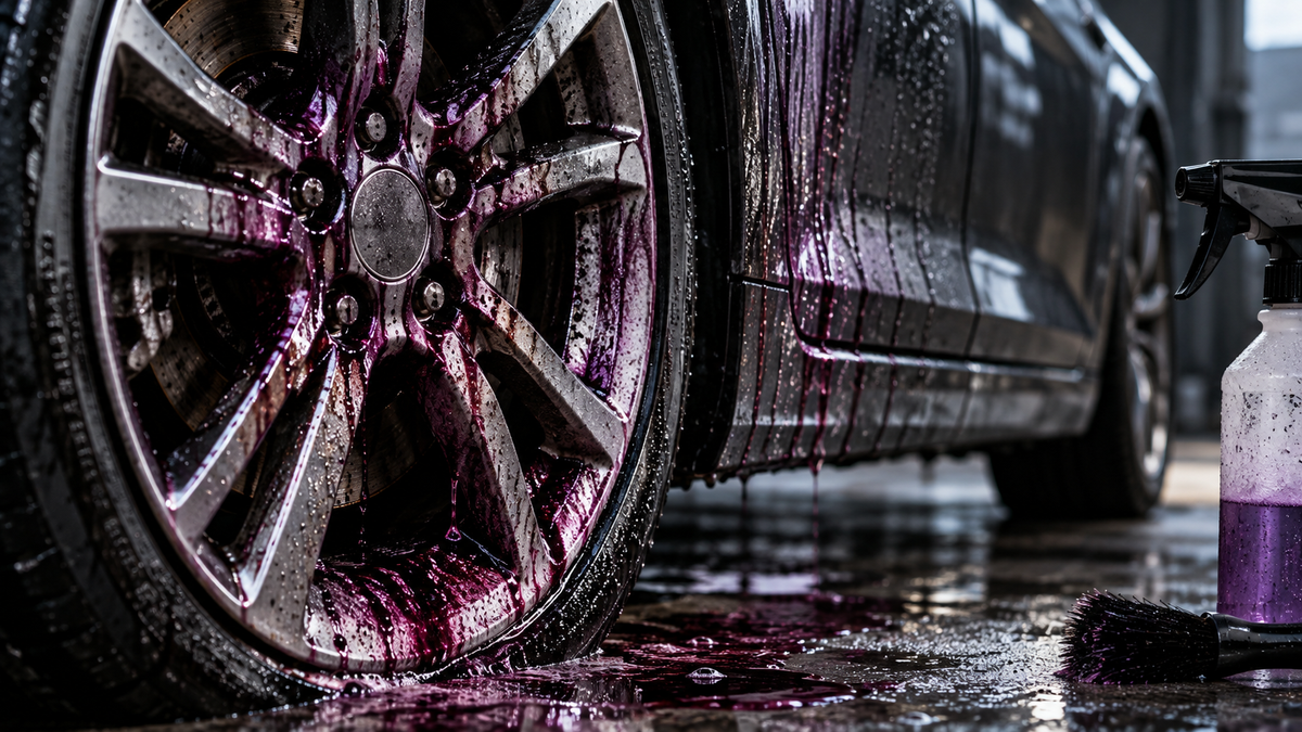 Iron remover turning purple as it reacts with brake dust on a car wheel