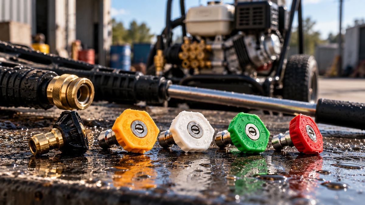 The different colored tips lined up in front of a pressure washer.